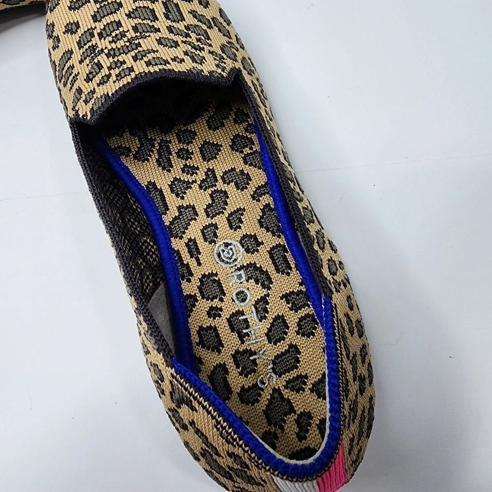 Rothys Girl's Brown Knit Leopard Cheetah Print Slip on Flat Loafer Shoes Size 4